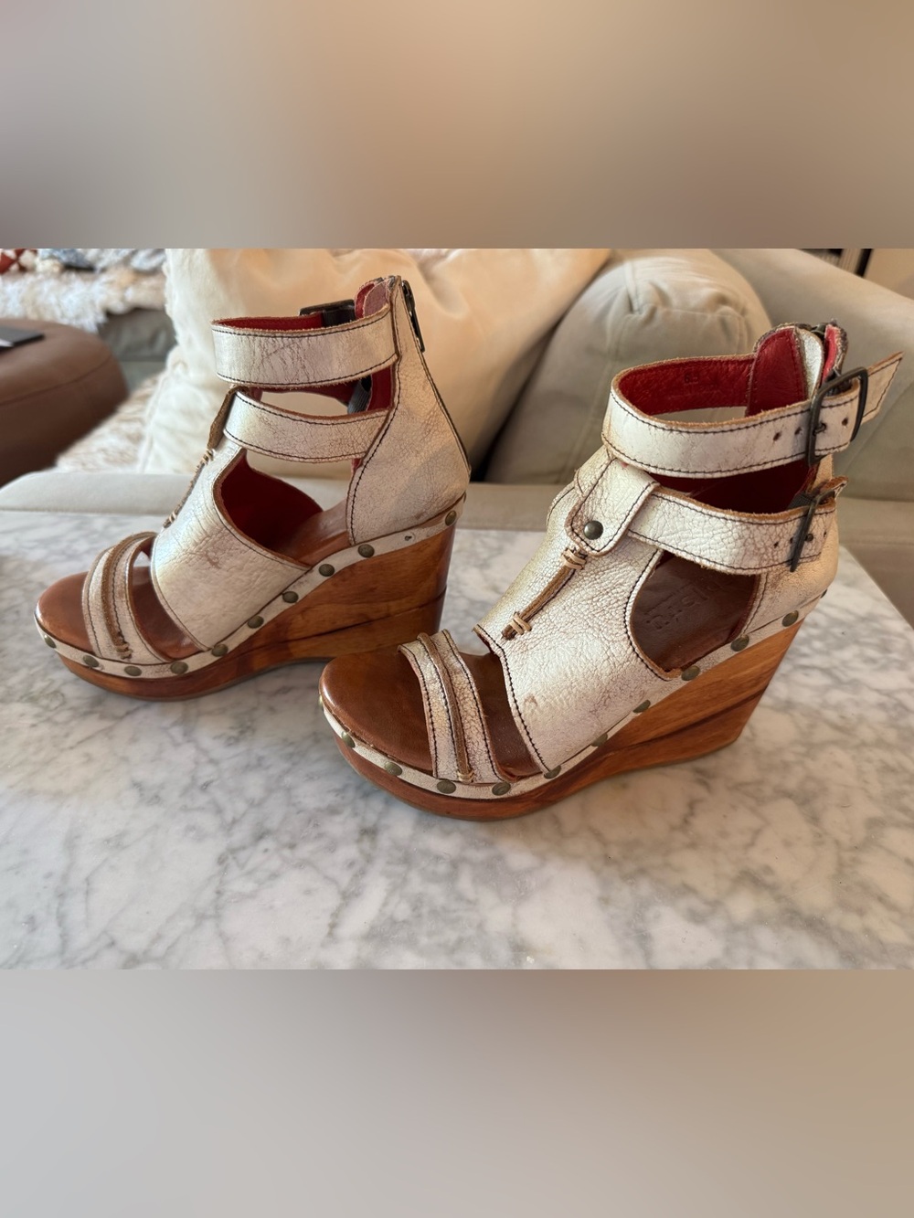 Bed Stu Cream Leather Studded Wooden Wedge Sandals